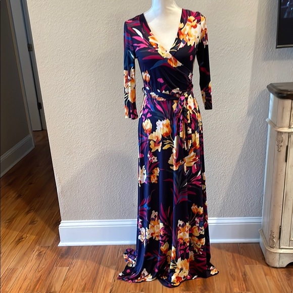 Blue and Orange 3/4 Sleeve Wrap Dress for Wedding Guest - Picture 1 of 6